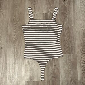 Pink Lily Brown and White Striped Bodysuit